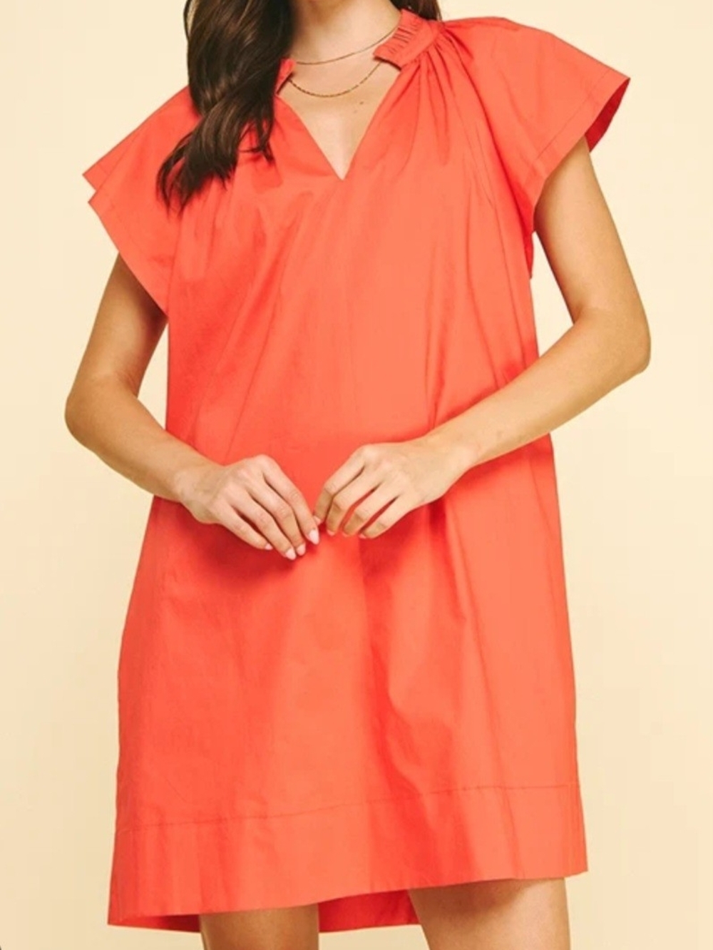 Pinch Orange Short-Sleeve V-Neck Tunic with Ruffle Collar